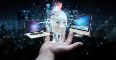 İşadamı üzerinde beyaz insanımsı modern cihazlarla 3d render kontrol kullanarak arka plan bulanık