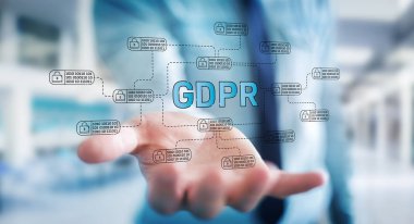 Onun veri Gdpr hukuk arabirimi ile koruma arka plan bulanık üzerinde işadamı