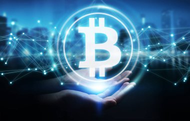 İş kadını bitcoins cryptocurrency 3d rendering kullanarak arka plan bulanık üzerinde