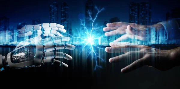 Robot hand creating electricity with human hand on dark background 3D rendering