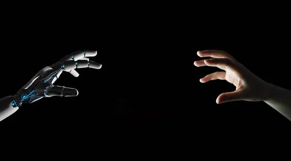 ロボットの手が暗い背景 レンダリングに人間の手と接触をします — ストック写真