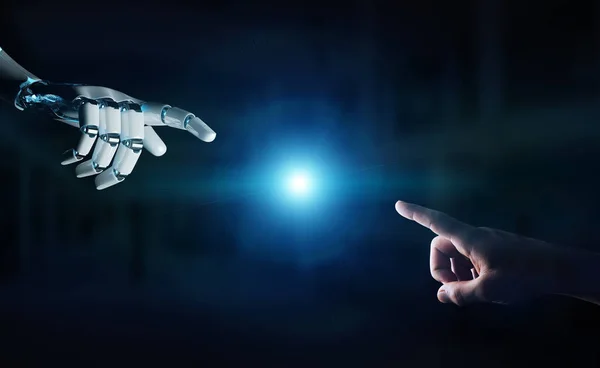 Robot Ręka Kontakt Ludzką Ręką Ciemnym Tle Renderowania — Zdjęcie stockowe