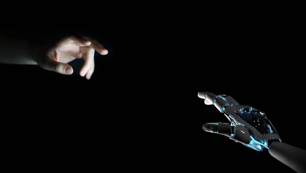 Robot Hand Making Contact Human Hand Dark Background Rendering — Stock Photo, Image