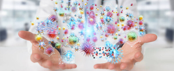 Doctor on blurred background using digital nanobot virus 3D rendering