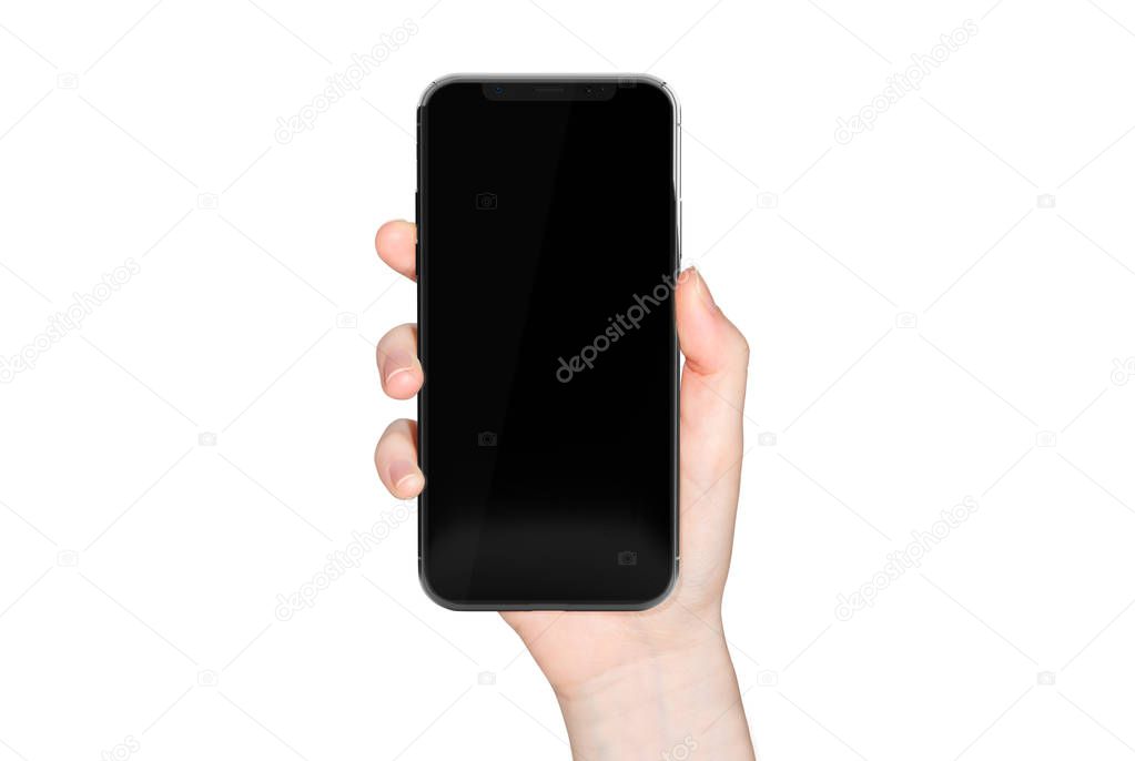 Woman hand holding modern smatphone mockup on white background