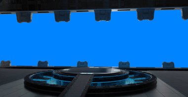 Huge blueish landing strip spaceship interior isolated on blue background 3D rendering clipart