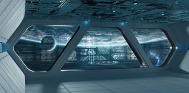 Mavi uzay gemisi iç denetim masası ekranlar 3d render ile uzayda