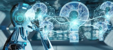 Cyborg bulanık arka plan dijital soru işaretleri 3d render ile sorun çözme