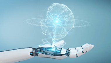 Dünya ağ hologram Amerika ABD harita 3d render ile kullanarak arka plan bulanık beyaz robot el