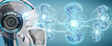 Cyborg Yargıç 3d işleme dijital paragraf hukuk simgesini kullanarak arka plan bulanık üzerinde