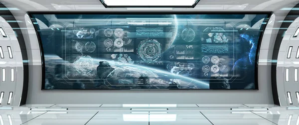 White spaceship interior in space with control panel digital screens 3D rendering