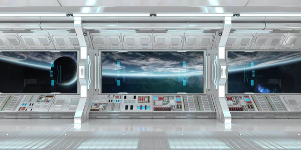 White Spaceship Interior Large Window View Space Rendering — Stock Photo, Image