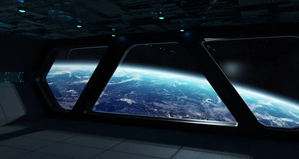 Nave Espacial Interior Futurista Com Vista Para Planeta Terra Elementos — Fotografia de Stock