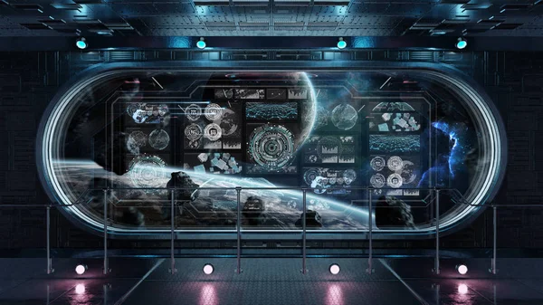 Interior Nave Espacial Escura Espaço Com Painel Controle Telas Digitais — Fotografia de Stock