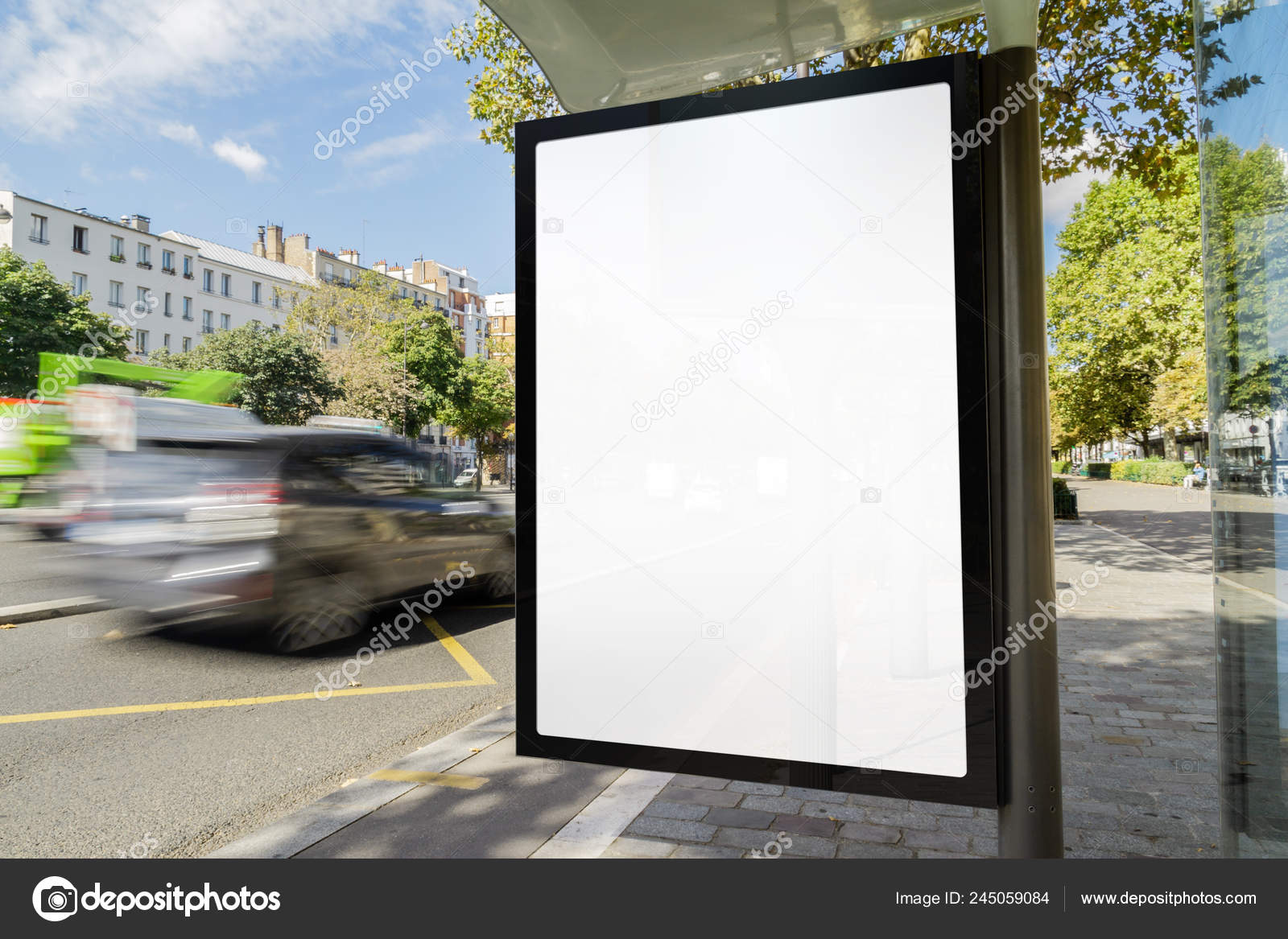 Download Free Outdoor Bus Stop Advertisement Mockup Cars Stock Photo C Sdecoret 245059084 PSD Mockup Template