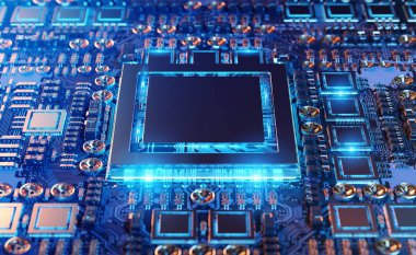 Devre, renkli ışıklar ve 3D görüntüleme ile modern bir GPU kartının yakın görüntüsü