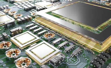 Devre, renkli ışıklar ve 3D görüntüleme ile modern bir GPU kartının yakın görüntüsü