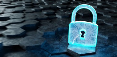 Siyah mavi soyut asma kilit simgesi altıgenler arka planda 3d render