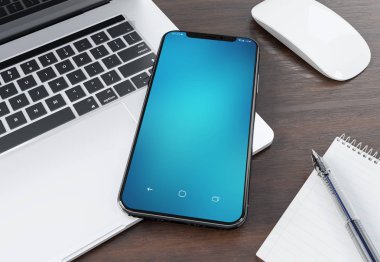 Modern smartphone mockup gümüş laptop 3d render döşeme