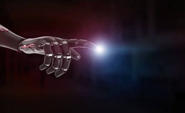 Kırmızı robot el işaret parmağı koyu arka planda 3d render