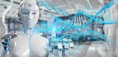 İnsan DNA'sı 3d render tarama bulanık arka plan üzerinde beyaz kadın cyborg