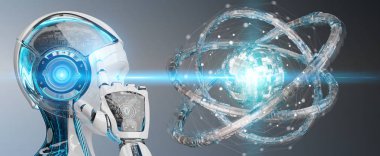 Geleceğin teknolojisi yapısı 3d render oluşturma bulanık arka plan üzerinde beyaz robot