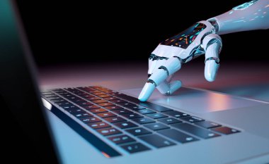 3D dizüstü bilgisayarda klavyeye basan robot el.