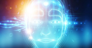 Yapay zeka kavramı 3B oluşturmayı temsil eden robot adam cyborg yüz