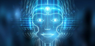 Yapay zeka kavramı 3B oluşturmayı temsil eden robot kadın cyborg yüz