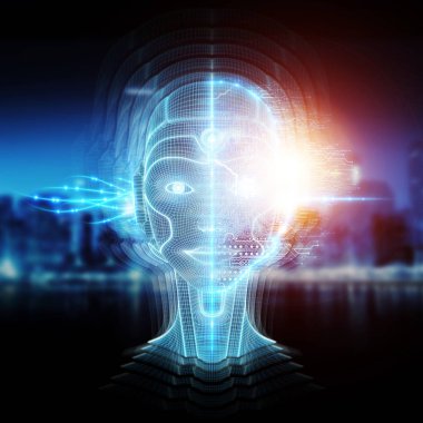 Robot cyborg yapay zeka öğrenme konsepti 3 boyutlu görüntüleme
