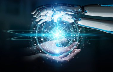 Robot ve insan el dijital küre ağ üzerinde koyu arka plan 3d render dokunmadan