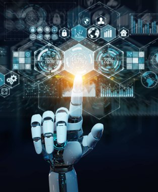 Beyaz cyborg el dijital veriler arabirimi 3d rendering kullanarak arka plan bulanık üzerinde