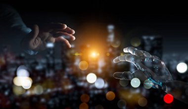 Robot el temas koyu arka plan 3d render üzerinde insan eli ile