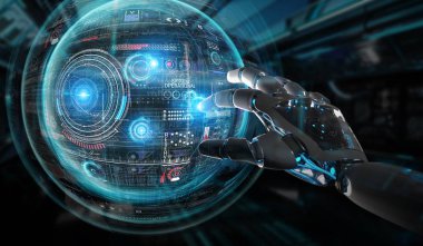 Onun elleri 3d rendering ile Dijital ekranlar arabirimi kullanarak akıllı robot Makina