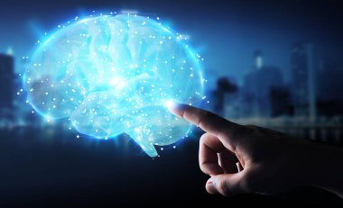 İnsan beyninin 3d render Dijital 3d projeksiyon kullanarak arka plan bulanık üzerinde işadamı
