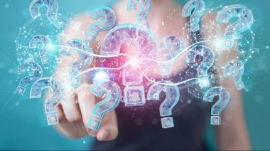 İşkadını bulanık arka plan dijital soru işaretleri 3d render ile sorun çözme