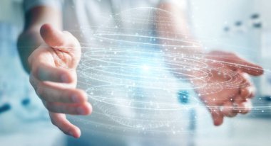 İşadamı dijital küre bağlantısı hologram 3B oluşturmayı kullanarak arka plan bulanık üzerinde