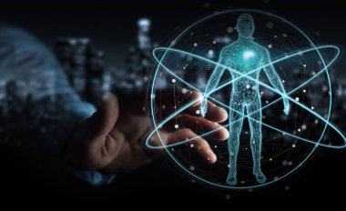 İşadamı dijital röntgen insan vücudu tarama arabirimi 3d rendering kullanarak arka plan bulanık üzerinde