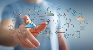 İnce çizgi sosyal ağ simgeleri arabirimini kullanarak arka plan bulanık üzerinde işadamı