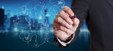 İşadamı kalem ile arka plan bulanık çizim sosyal ağ kroki üzerinde