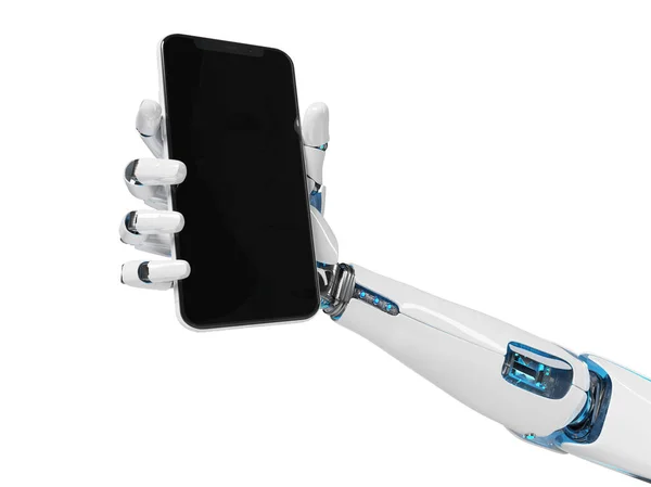 Vita Robot Handen Håller Modern Smartphone Mockup Vit Bakgrund Rendering — Stockfoto