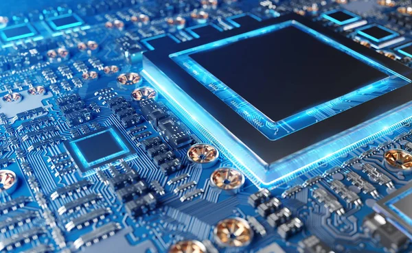 Devre, renkli ışıklar ve 3D görüntüleme ile modern bir GPU kartının yakın görüntüsü