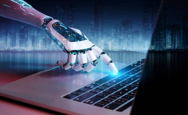 Cyborg Roboter Drücken Eine Tastatur Auf Einem Laptop — Stockfoto