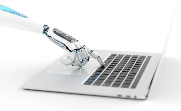 Bílá Ruka Kyber Robot Stisknutí Klávesnice Notebooku Vykreslování — Stock fotografie