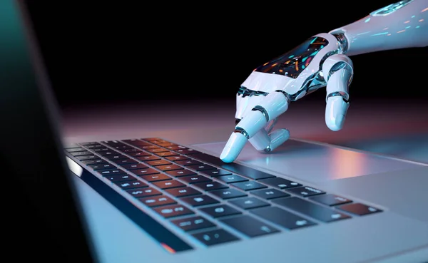 Mano Cyborg Robótica Presionando Teclado Una Renderización Portátil — Foto de Stock