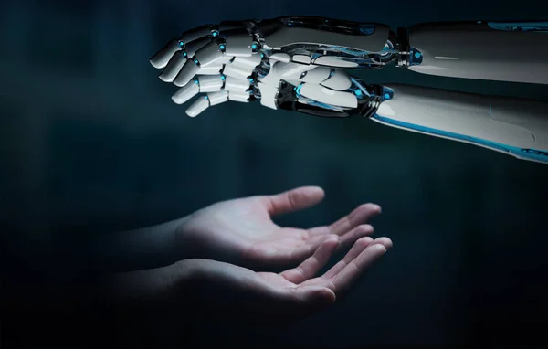 Robot Hand Making Contact Human Hand Dark Background Rendering — Stock Photo, Image