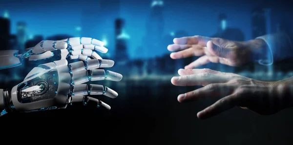 Robô Mão Fazendo Contato Com Mão Humana Fundo Escuro Renderização — Fotografia de Stock