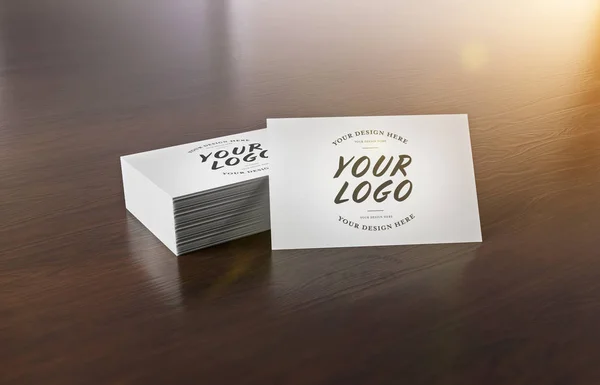 Side View White Business Card Stack Wooden Desk Rendering — Stock Photo, Image