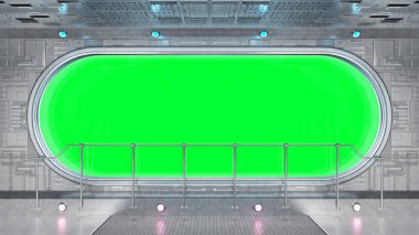 Pencere iç yeşil arka plan 3d render ile yuvarlak beyaz teknik uzay gemisi