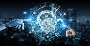 Beyaz insansı el dijital yapay zeka simgesi hologram 3B oluşturmayı kullanarak arka plan bulanık üzerinde